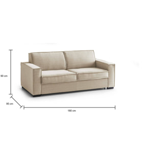 Divano letto 2 posti Alisa, Sofà Soggiorno con apertura girevole, Tessuto imbottito, Braccioli slim, 100% Made in Italy, Cm 200x100h95, Beige
