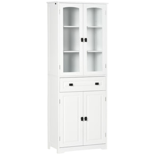 Armoire de cuisine buffet haut 4 portes 3 étagères tiroir verre trempé panneaux MDF blanc