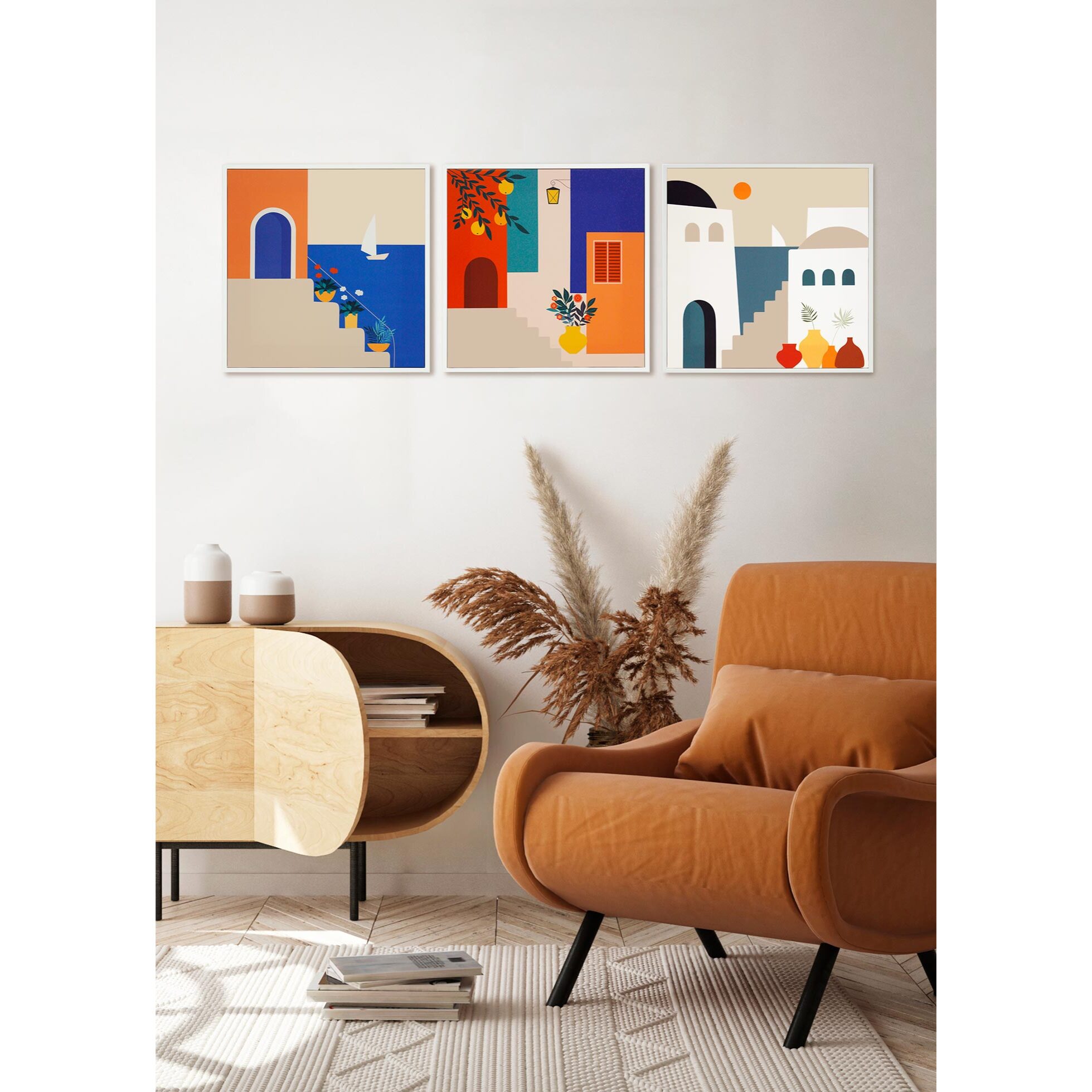 Set 3 cuadros Grecia poliéster azul-naranja-tierras 40x40x4cm