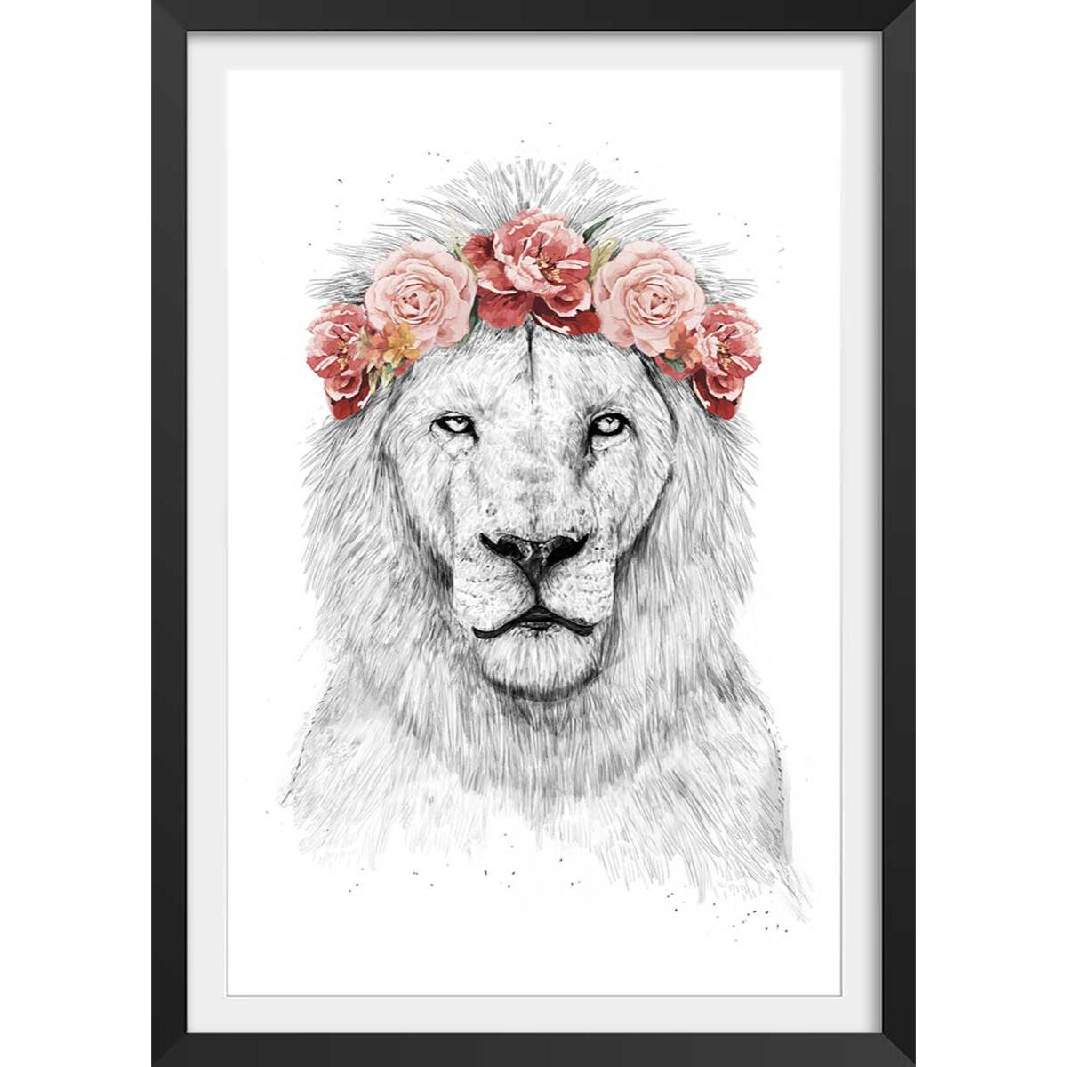 Affiche enfant lion et couronne de fleurs  Affiche sous cadre noir