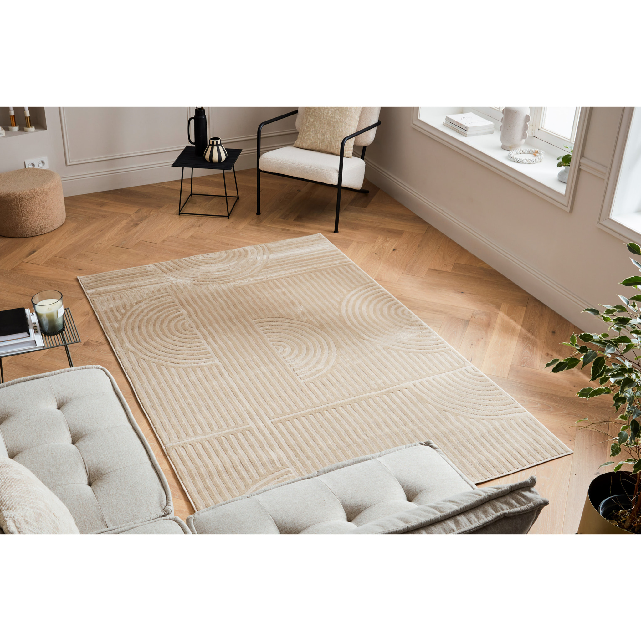 BLOOM - Tapis poils ras motif graphique en relief - Beige