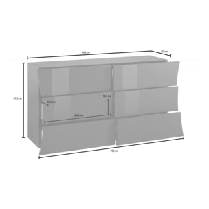 Comò geometrico moderno, Made in Italy, Mobiletto per Soggiorno e Camera, Credenza 6 cassetti, cm 155x40h82, colore Bianco lucido