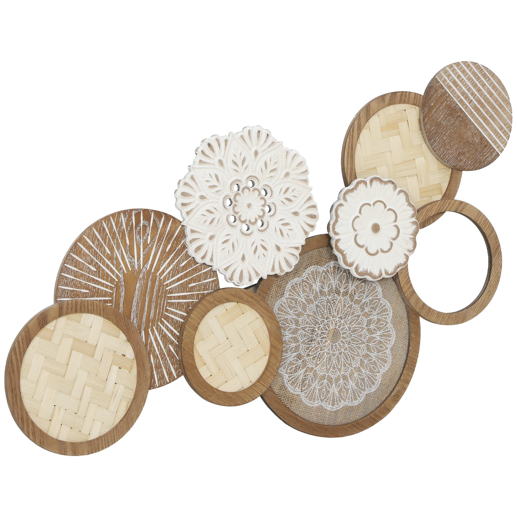 Décoration murale bois naturel géométrique 7 disques 2 fleurs - 83 x 44 cm