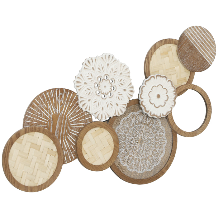 Décoration murale bois naturel géométrique 7 disques 2 fleurs - 83 x 44 cm