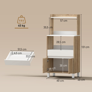 Meuble de rangement desserte de cuisine pour micro-ondes avec placard tiroir étagère supérieur 60 x 40 x 131 cm naturel et blanc