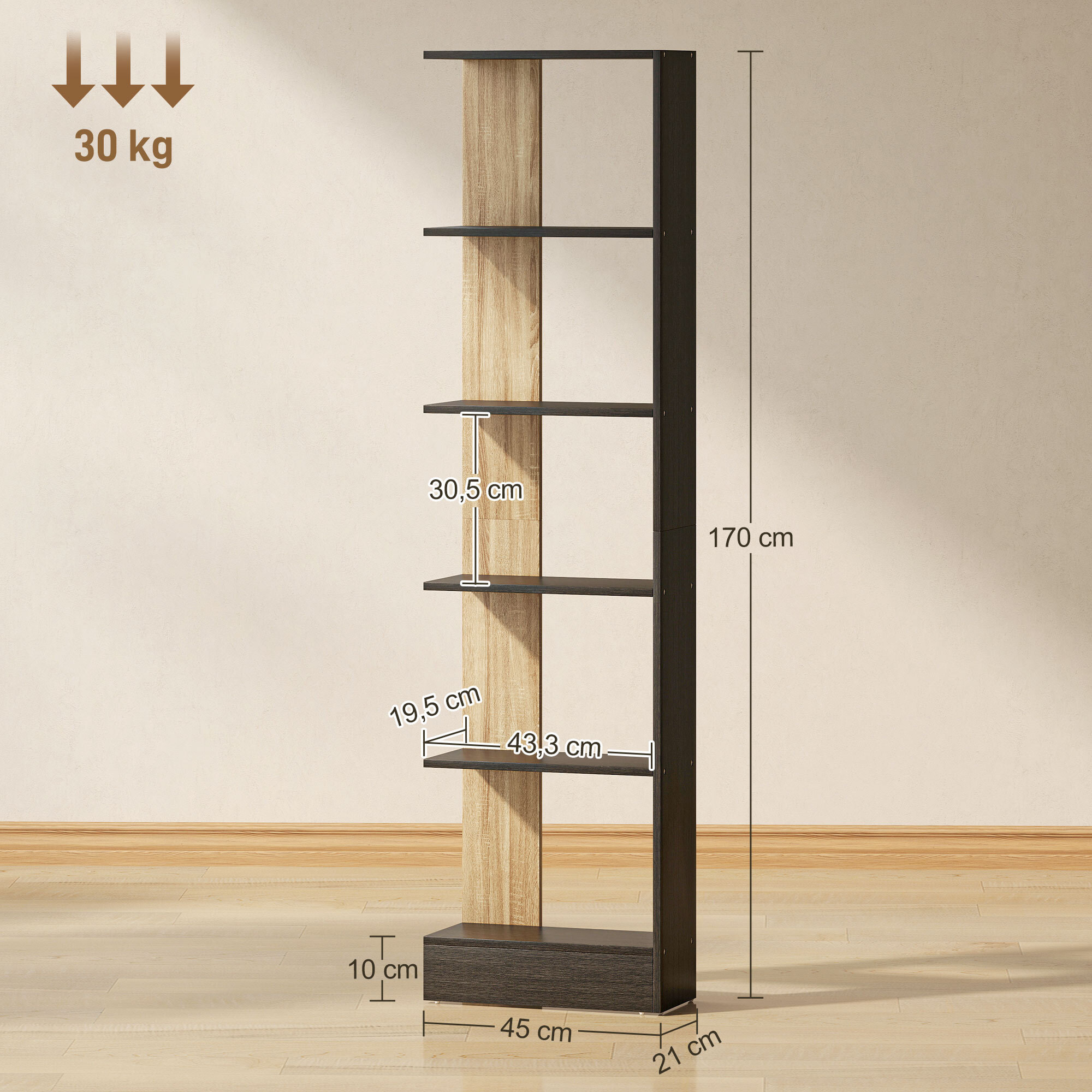 Estantería de 5 Niveles, Estantería Almacenaje, Librería Estrecha para Espacios Pequeños, Sala de Estar y Cocina, 45x21x170 cm, Negro y Roble