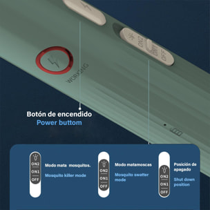 Raqueta eléctrica WP-07 mata mosquitos, moscas y polillas. Batería de litio. Luz ultravioleta 360°.