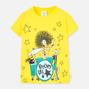 Camiseta bÃ¡sica niÃ±a, algodÃ³n, estampado, amarillo, mangas