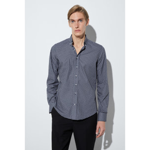camicia uomo 1 bottone button down slim Popeline Stampato Nero/Bianco