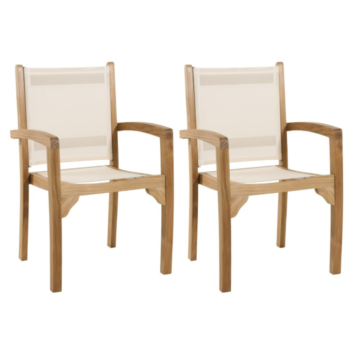 FUN - Ensemble de 2 fauteuils de jardin en bois teck - dossier et assise couleur en textilène ivoire