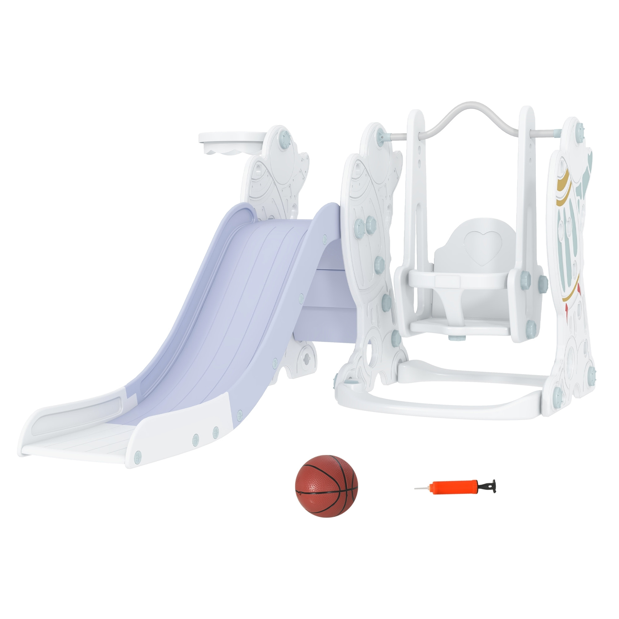 Portique enfant toboggan et balançoire avec panier de basket-ball - aire de jeux 3 en 1 - usage intérieur extérieur - blanc gris