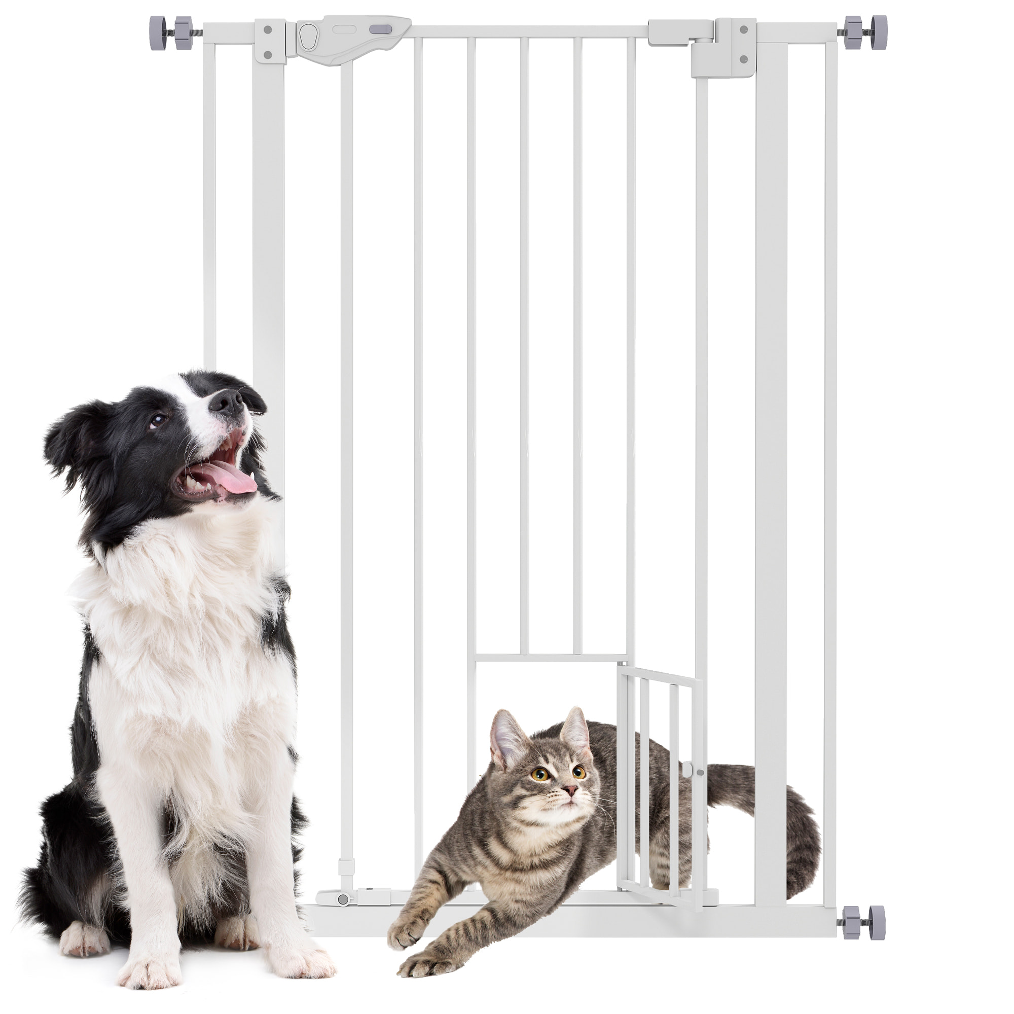 Barrera de Seguridad Perros Gatos con Puerta Pequeña 74-80x104,1 cm para Puerta Pasillo Escalera Barrera para Mascotas con Cierre Automático y Sistema de Doble Bloqueo Blanco