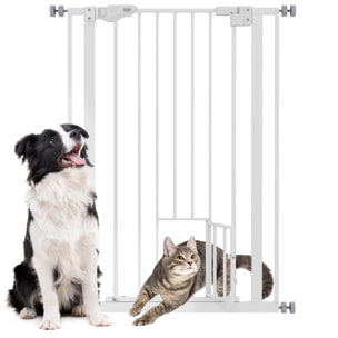 Barrera de Seguridad Perros Gatos con Puerta Pequeña 74-80x104,1 cm para Puerta Pasillo Escalera Barrera para Mascotas con Cierre Automático y Sistema de Doble Bloqueo Blanco