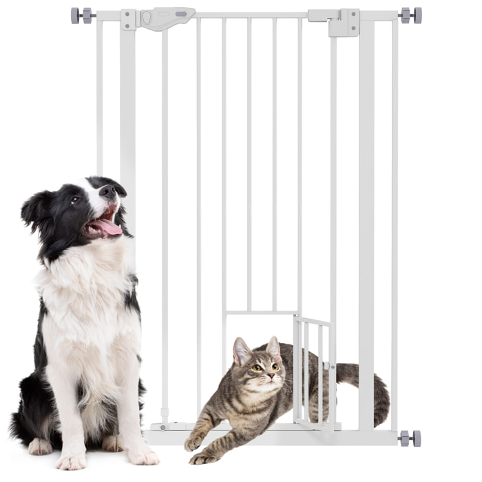 Barrera de Seguridad Perros Gatos con Puerta Pequeña 74-80x104,1 cm para Puerta Pasillo Escalera Barrera para Mascotas con Cierre Automático y Sistema de Doble Bloqueo Blanco