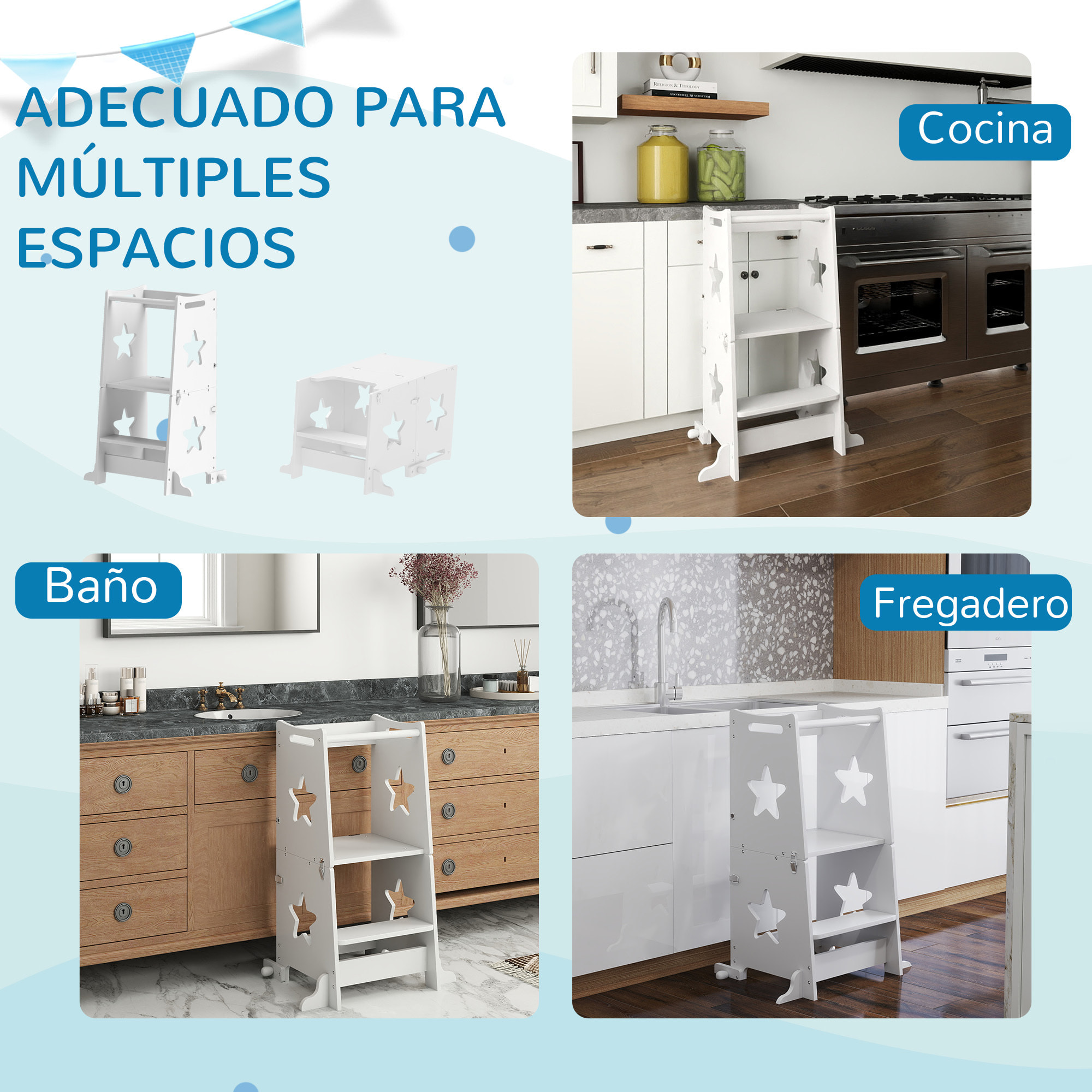 Torre de Aprendizaje 2 en 1 Taburete de Aprendizaje para Niños de +3 Años Convertible en Mesa y Silla con Barra de Seguridad 60x44,5x86 cm Blanco
