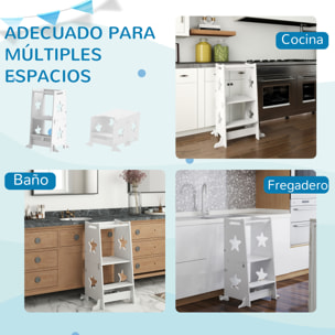 Torre de Aprendizaje 2 en 1 Taburete de Aprendizaje para Niños de +3 Años Convertible en Mesa y Silla con Barra de Seguridad 60x44,5x86 cm Blanco