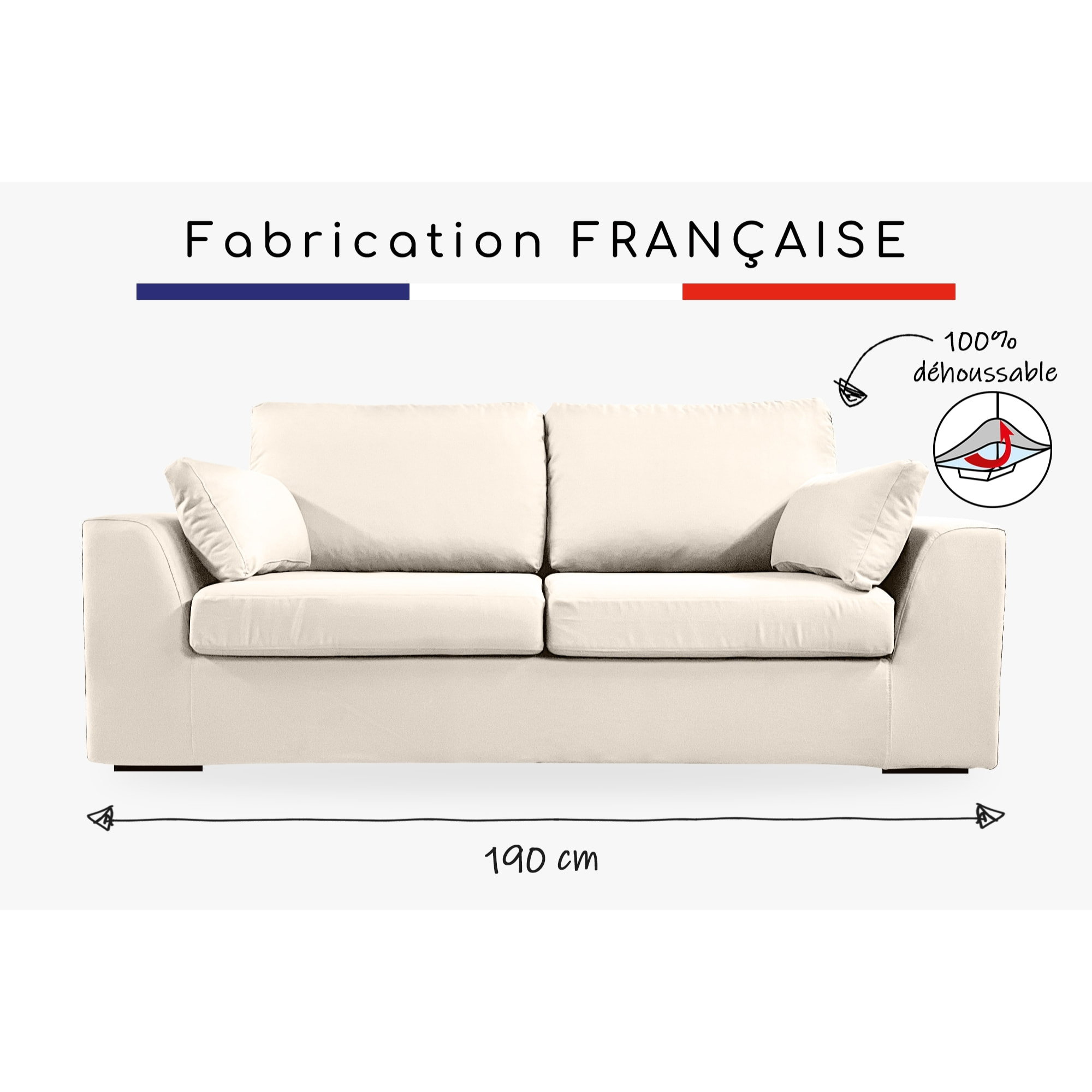 Canapé 3 pl TRESSIN 190 cm fixe tissu coton Écru - 100% déhoussable - Fab. France