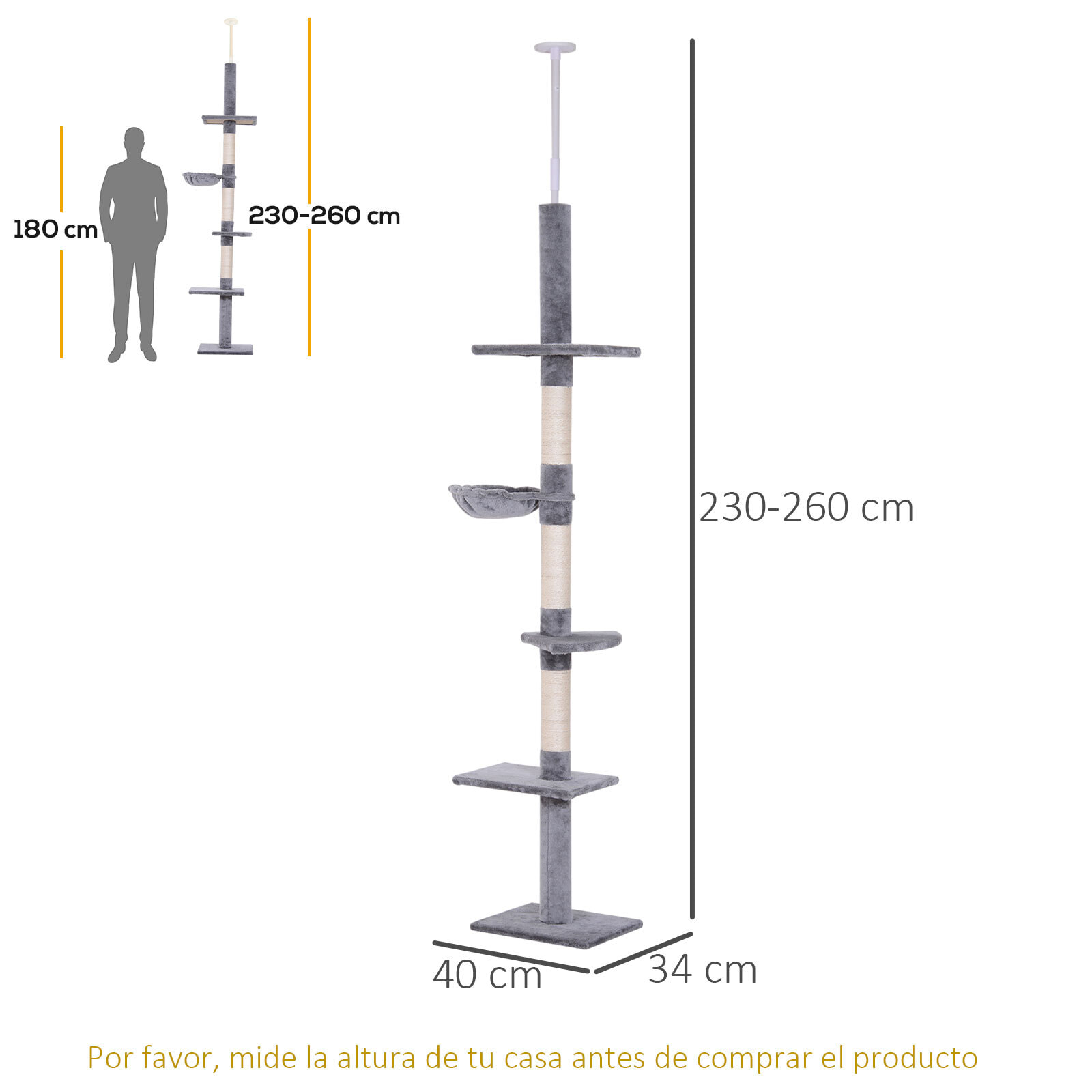 árbol para Gatos de Felpa y Sisal 40x34x230-260cm Gris