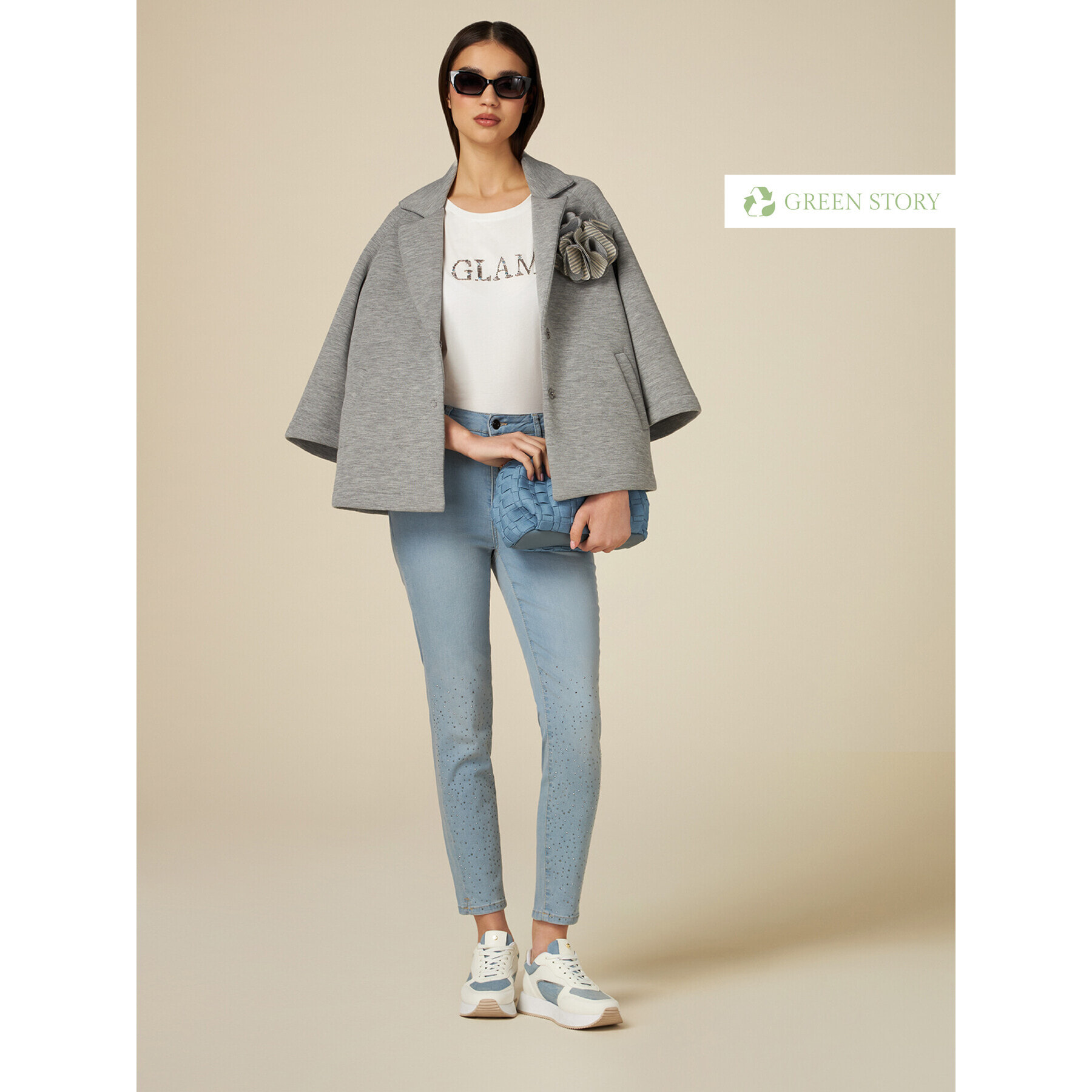 Oltre - Jeans skinny stone bleached con borchiette - Azzurro