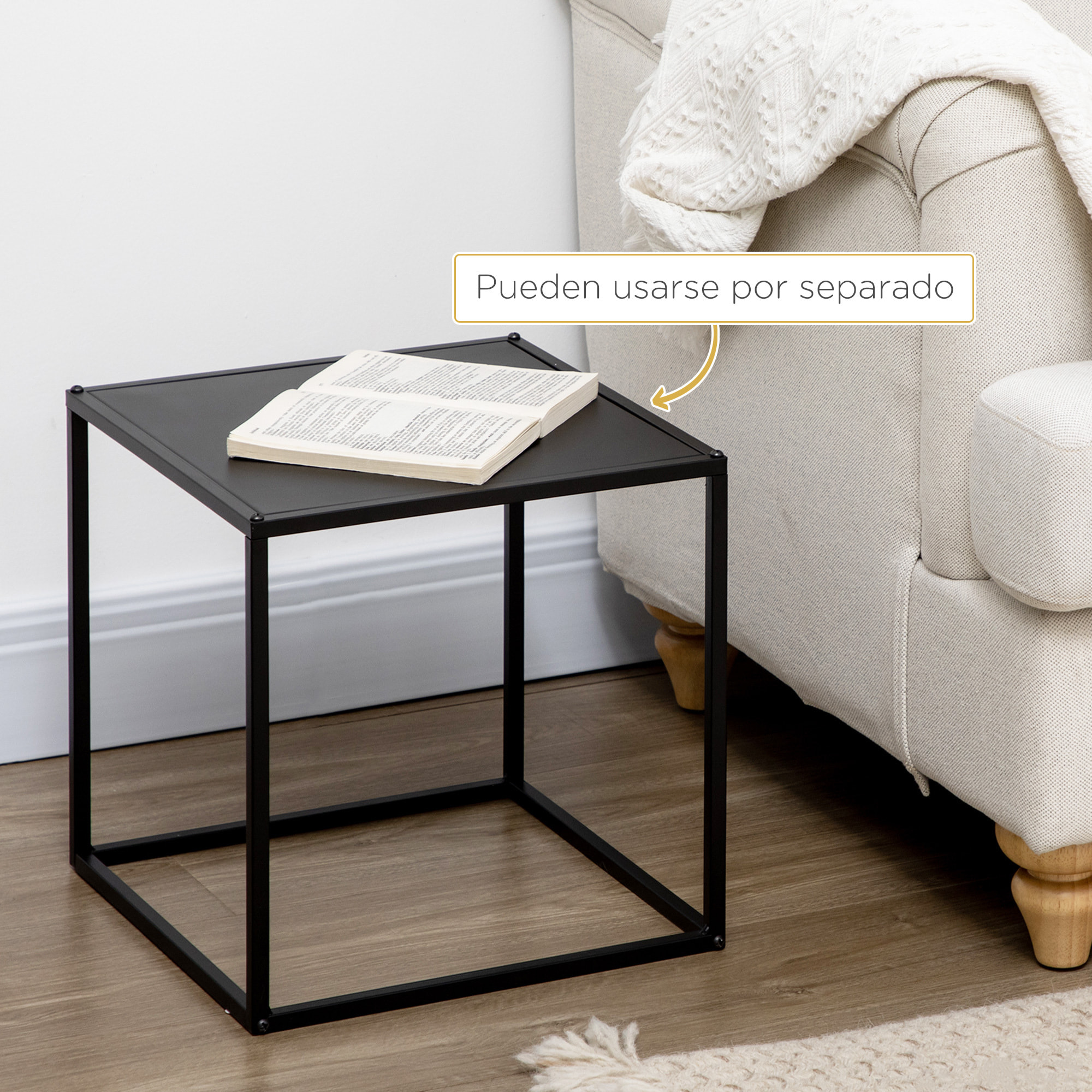 Juego de 2 Mesas Nido, Mesas de Centro para Salón Cuadradas, Material de Acero, para Dormitorio y Oficina, Grande 40 cm, Pequeña 35 cm, Negro