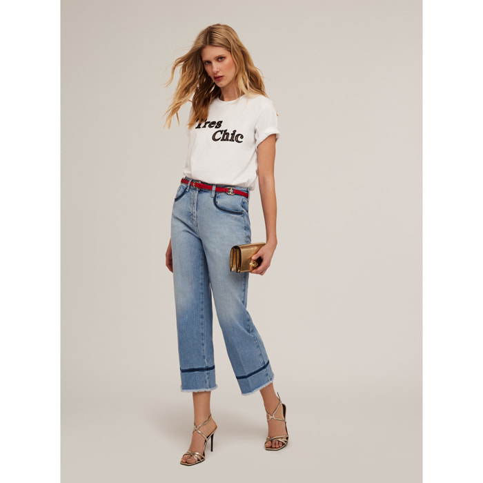 Motivi - Camiseta de algodón con escritura bordada - Blanco