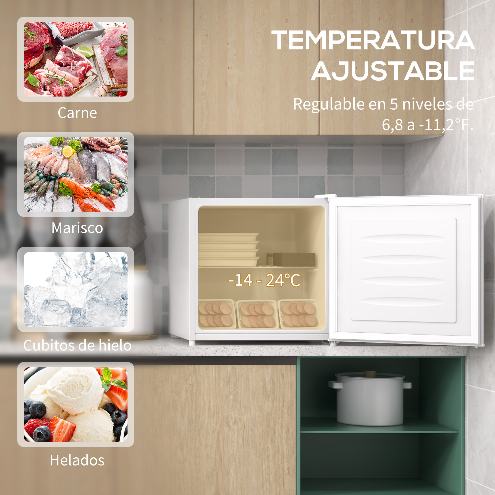 Congelador Vertical 35 L Congelador Pequeño Silencioso con Puerta Reversible Temperatura Ajustable y Estante Extraíble para Casa Oficina Blanco