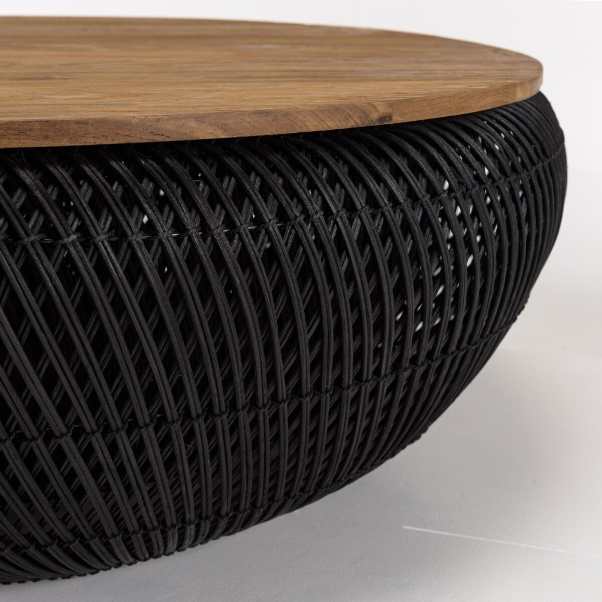 SIXTINE - Table basse ronde 100x100cm en rotin noir plateau amovible