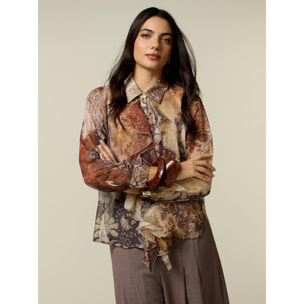 Oltre - Blusa in creponne con stampa floreale e volant - Marrone