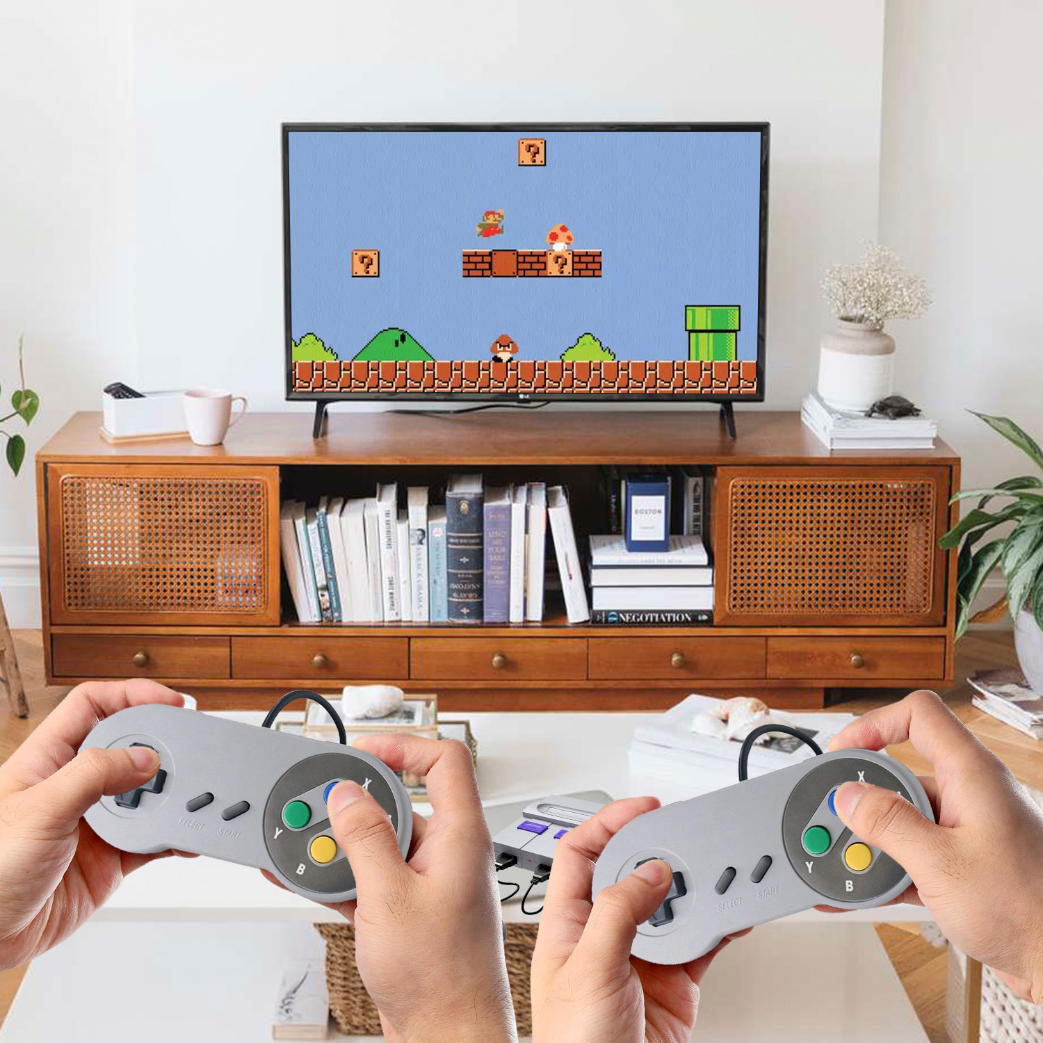 DAM Consola retro Super Mini SN-02 con 821 juegos clásicos de 8 bits. 2 mandos, HD1080P. 14x5x10,5 Cm. Color: Gris