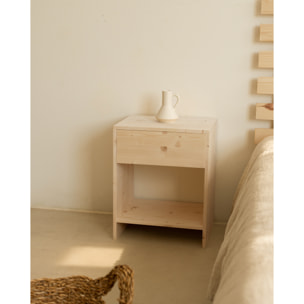 Pack de 2 mesitas de noche de madera maciza con un cajón en tono natural de varias medidas