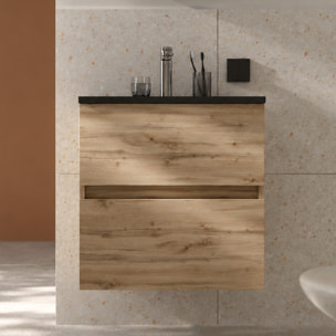 Pack Meuble Salle de Bains 50cm Chêne Naturel 2 Tiroirs, Vasque Noire et Miroir 50x70 à Cadre Noir