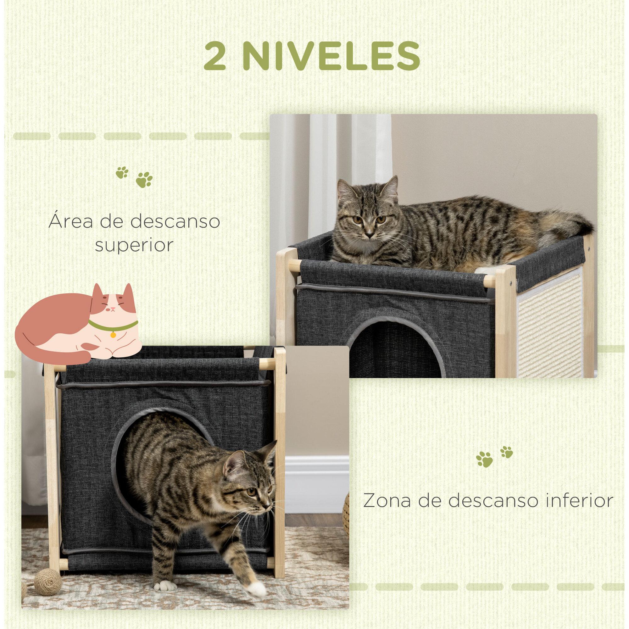 PawHut Cama Cueva para Gatos Casa para Gatos de Interior con Cojín Extraíble y Lavable Rascador de Sisal y Marco de Madera 40x40x40,5 cm Gris