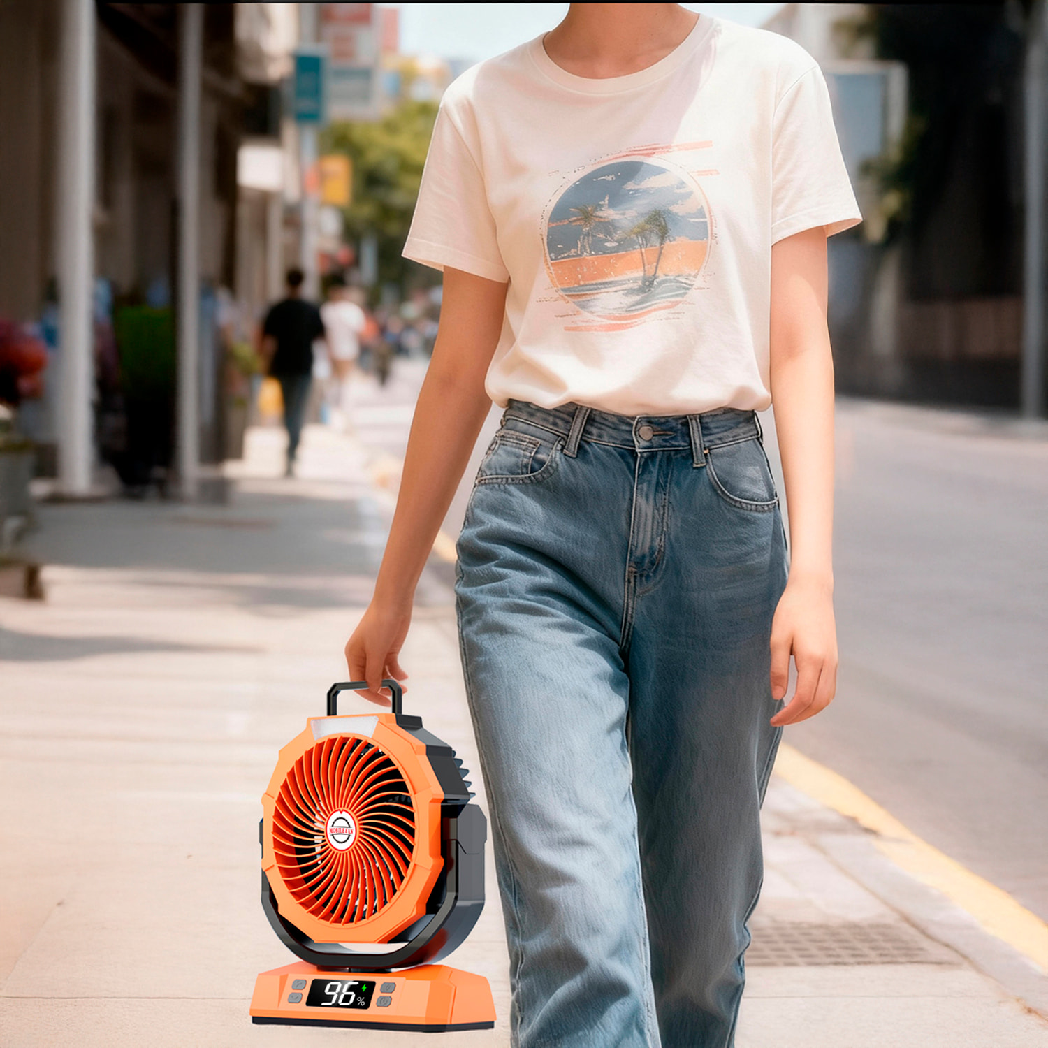 Ventilatore P50 con motore senza spazzole, LED con 9 luci, 6 velocità, 2 livelli di luce e timer. Angolo regolabile di 180º con oscillazione, gancio per appendere e powerbank da 20000 mAh.