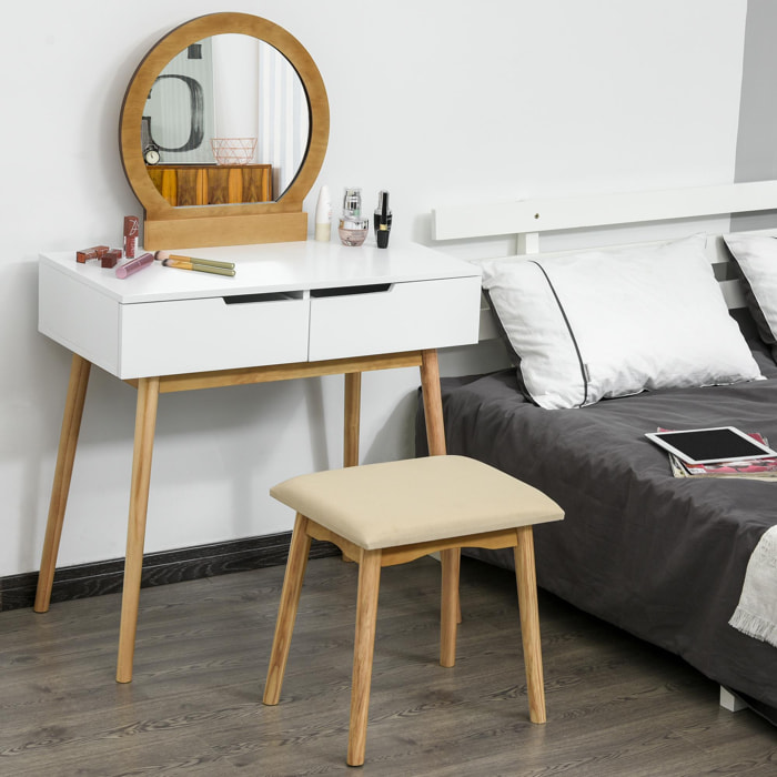 Coiffeuse design scandinave table de maquillage avec miroir, 2 tiroirs et tabouret blanc pin clair