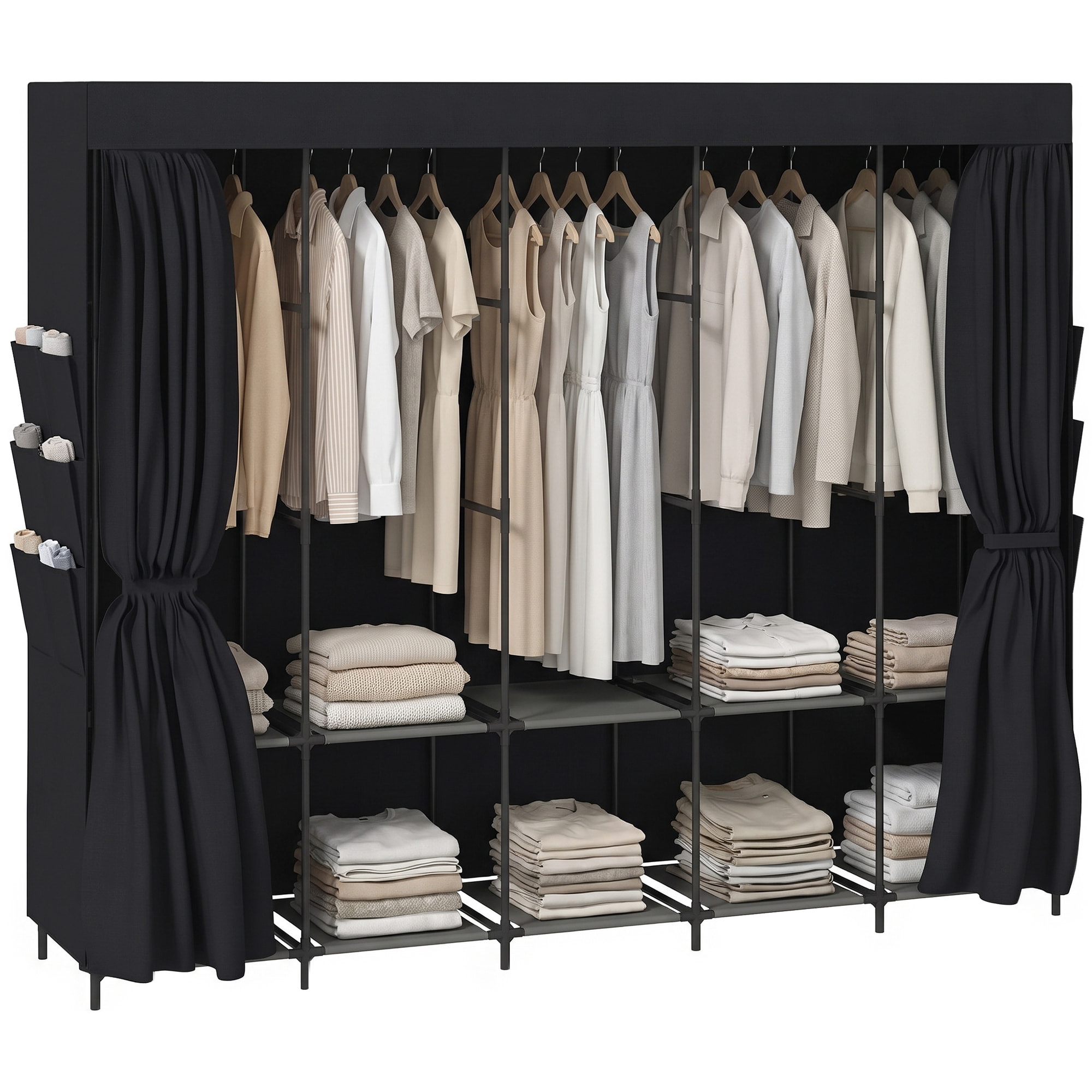 HOMCOM Armario de Tela, Armario Ropero con 5 Barras, 5 Estantes, 6 Bolsillos Laterales, Cremallera, Marco de Acero, para Dormitorio, Espacio Pequeño, 212x45x167 cm, Gris