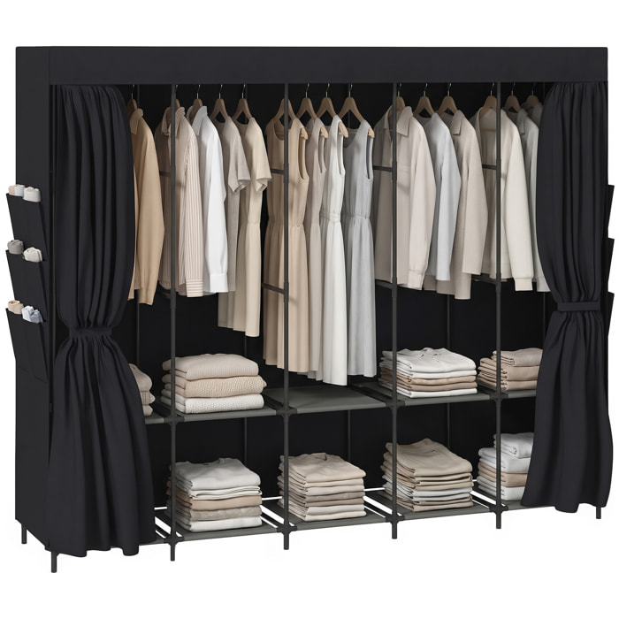 HOMCOM Armario de Tela, Armario Ropero con 5 Barras, 5 Estantes, 6 Bolsillos Laterales, Cremallera, Marco de Acero, para Dormitorio, Espacio Pequeño, 212x45x167 cm, Gris
