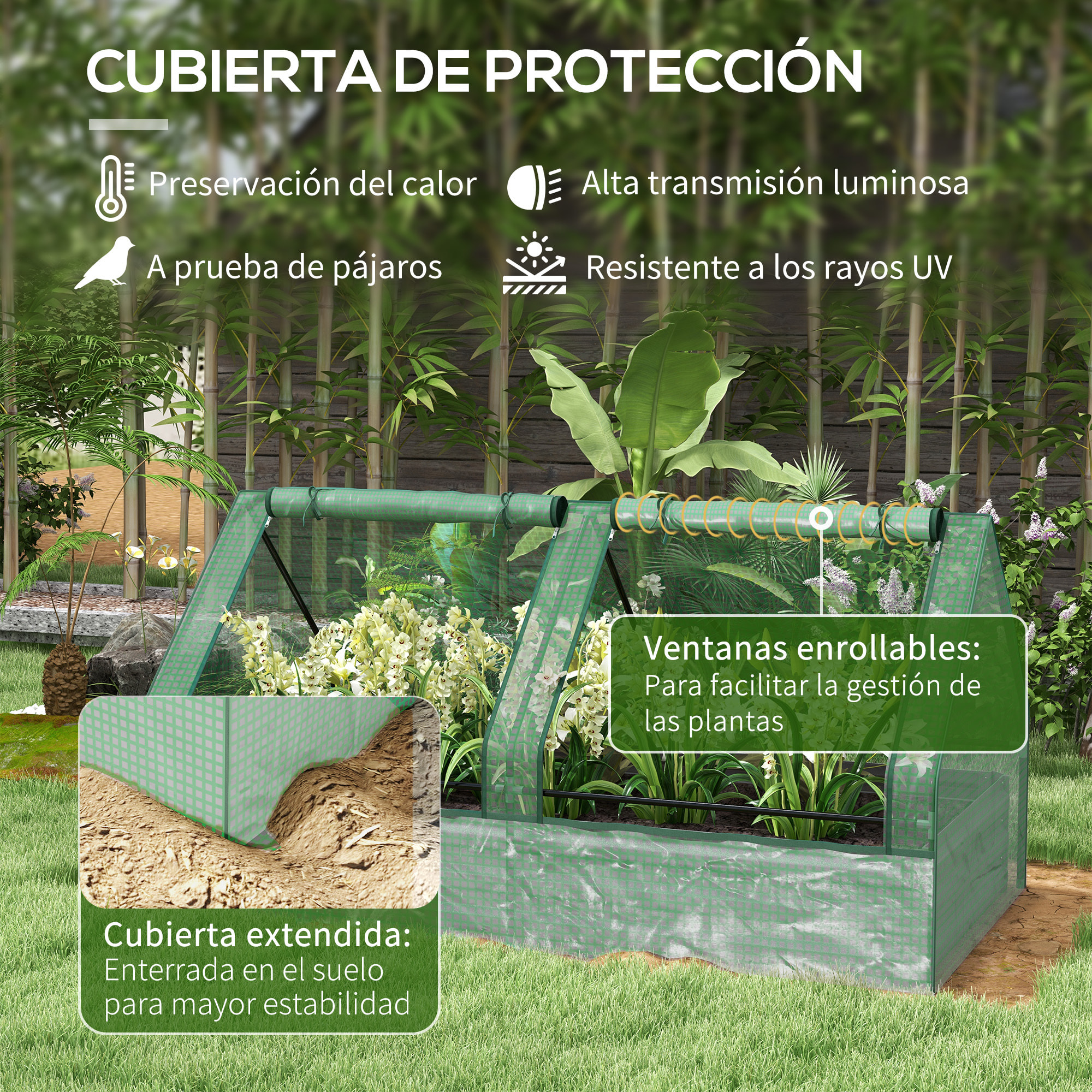 Jardinera Exterior Grande con Mini Invernadero, Huerto Urbano de Acero Galvanizado con Base Abierta, Resistente a la Intemperie, para Patio, Terraza, Balcón, 185x95x92 cm, Gris y Verde