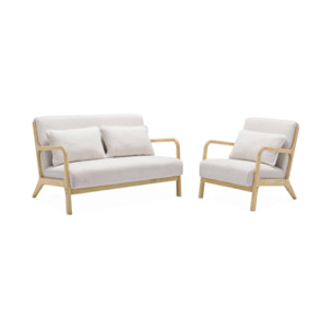 Banquette 2 places + Fauteuil en bois et tissu bouclette