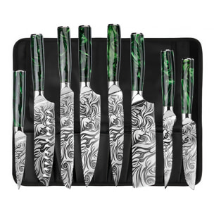 Set de cuchillos con estilo Damasco y mango de resina. Cuenta con 11 piezas y funda de transporte.