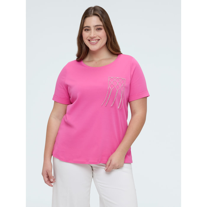 Fiorella Rubino - Camiseta de algodón con bolsillo decorado - Fuchsia