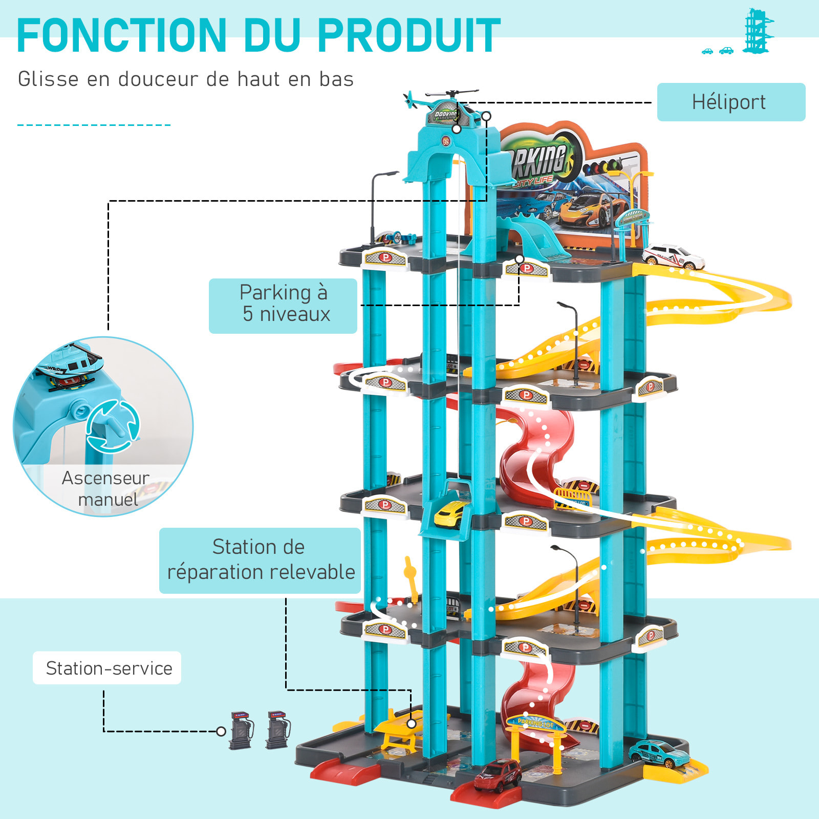 Garage parking voitures enfant - 5 niveaux, 4 voitures, 1 hélicoptère - ascenseur manuel, station-service, pont élévateur - PP ABS bleu rouge jaune