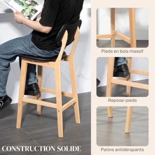 Lot de 2 tabourets de bar style néo-rétro structure piètement bois assise dossier PU noir