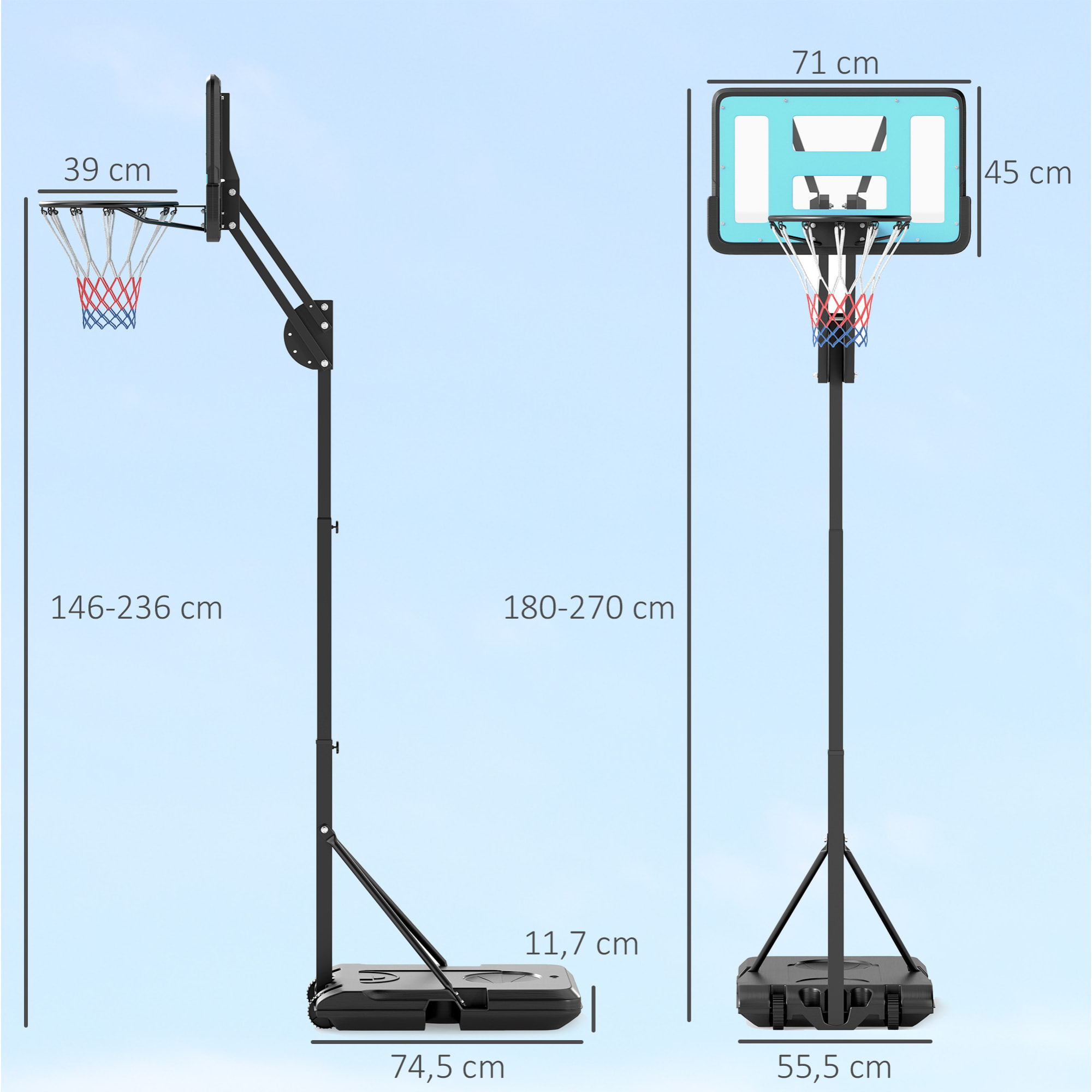 Panier de basketball sur pied hauteur réglable H.146-236 cm lestage roulettes bleu noir