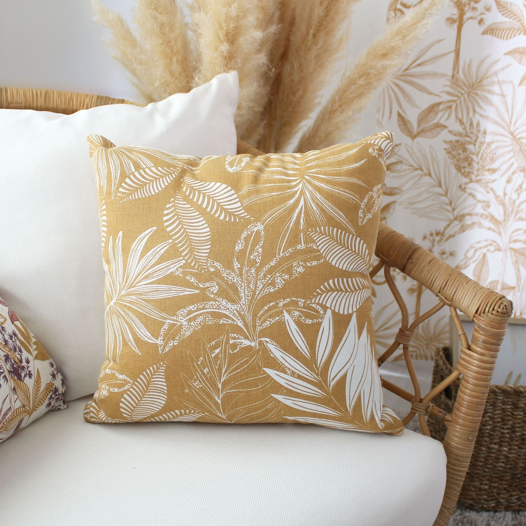 Coussin canapé déhoussable motif végétal - Beige