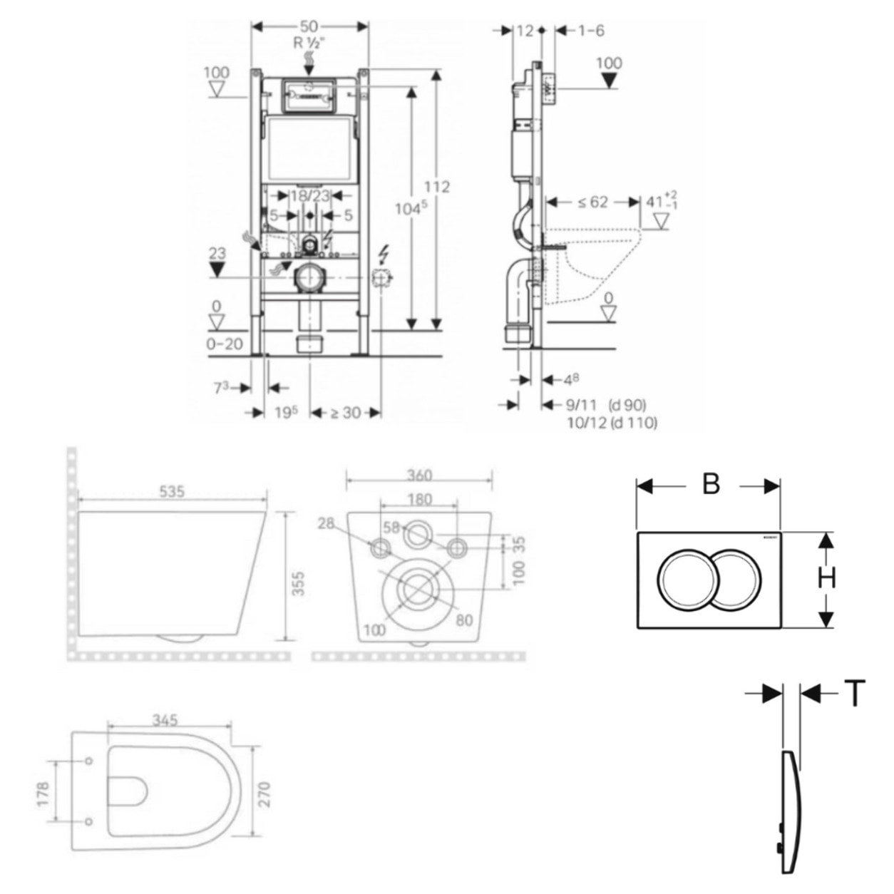 Pack WC bâti-support Duofix 112 cm + WC suspendu sans bride + abattant SoftClose + set habillage + plaque blanche (CETORGEB3SB)