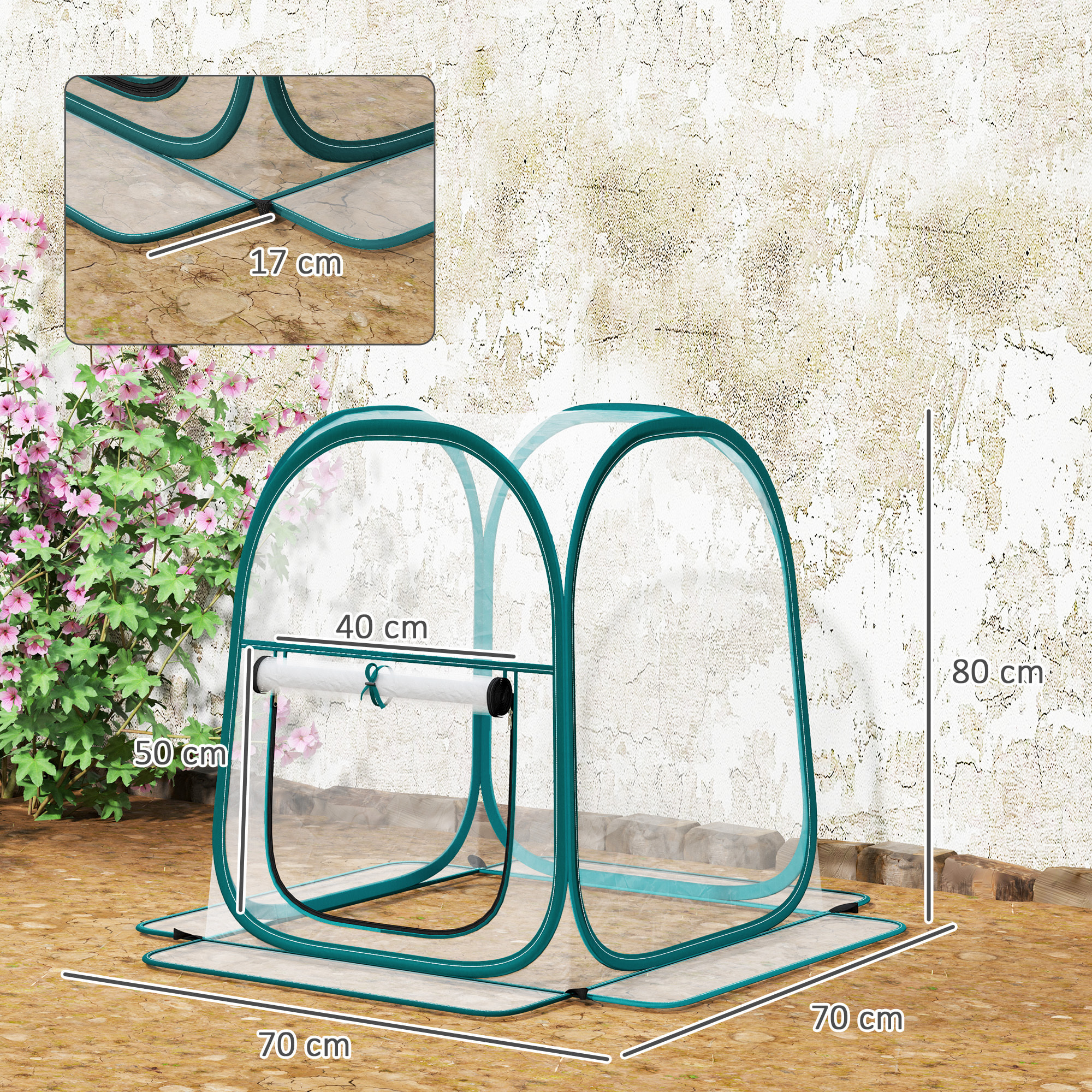 Mini Invernadero Plegable Pop-up, Invernadero Exterior Transparente con Puerta Enrollable y Cubierta de Plástico, Contraviento, para Cultivar Plantas, Flores, 70x70x80 cm, Transparente