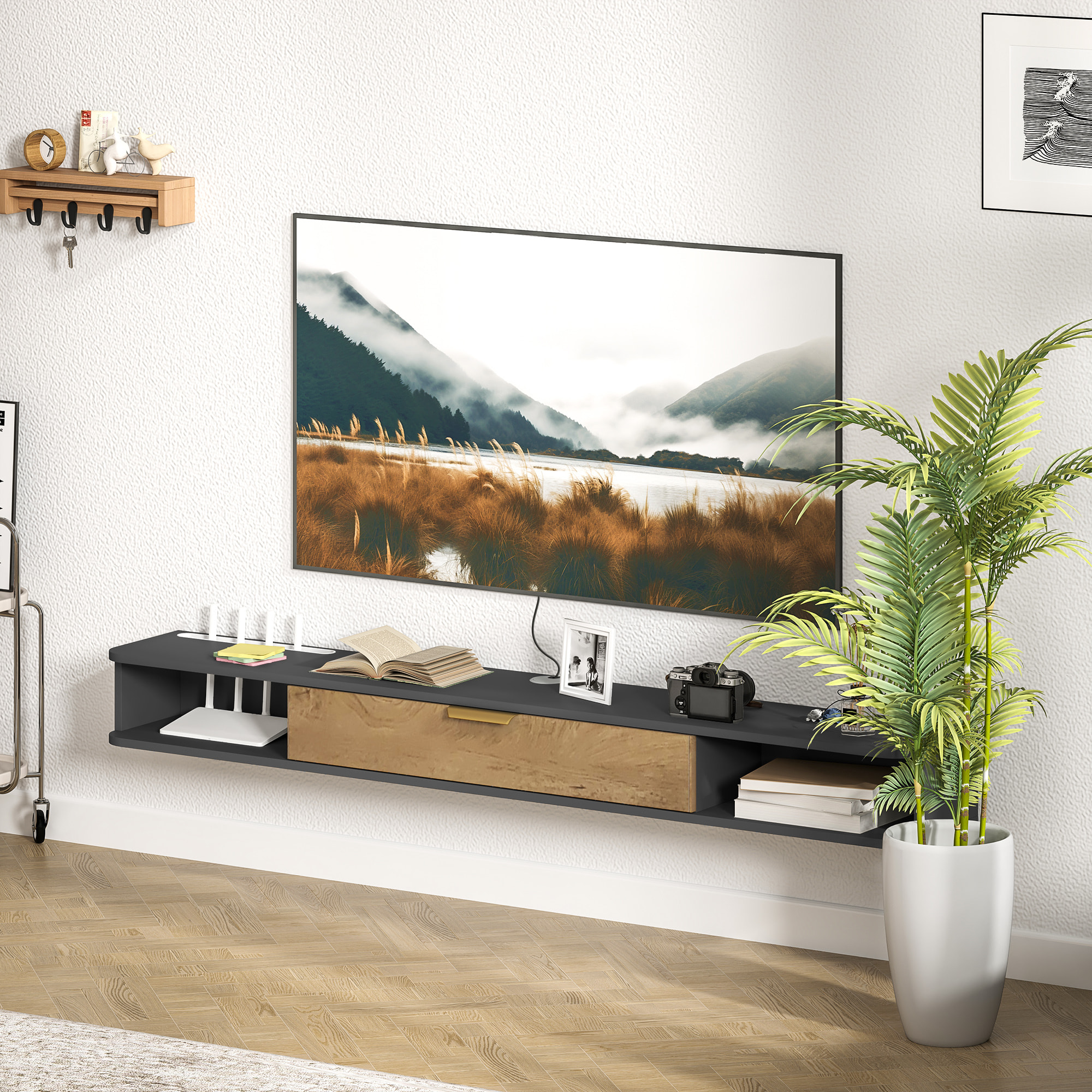 Meuble TV design suspendu - meuble TV mural - 2 niches, porte abbatante - dim. 160 x 24 x 16 cm - gris charbon effet bois