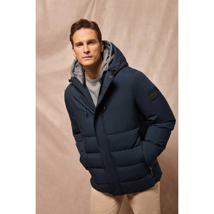 Giaccone blu marino Aspen trapuntato con cappuccio fisso e particolari Polo Club