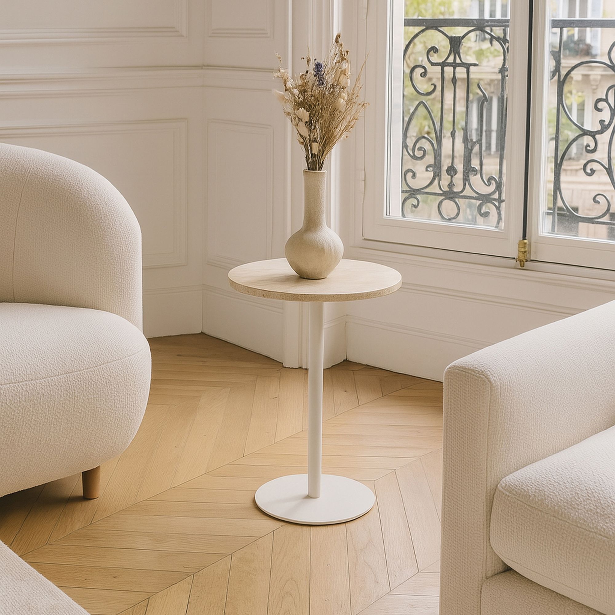 Meuble d'appoint en métal blanc et plateau en travertin TRAVI