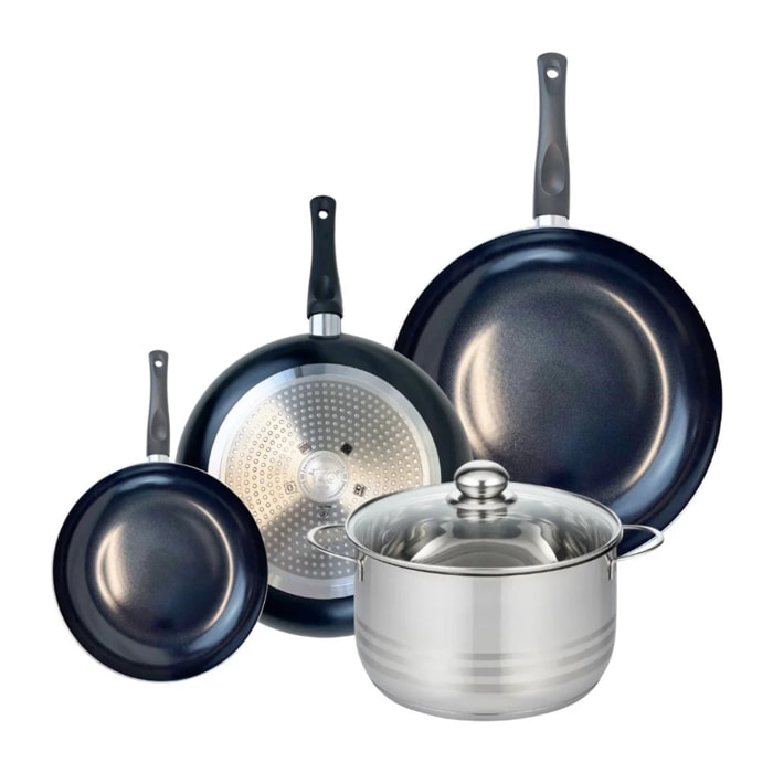 Ensemble de 3 Poêles de cuisson 20, 28 et 32 cm et 1 faitout 24 cm Elo Prima Brillant